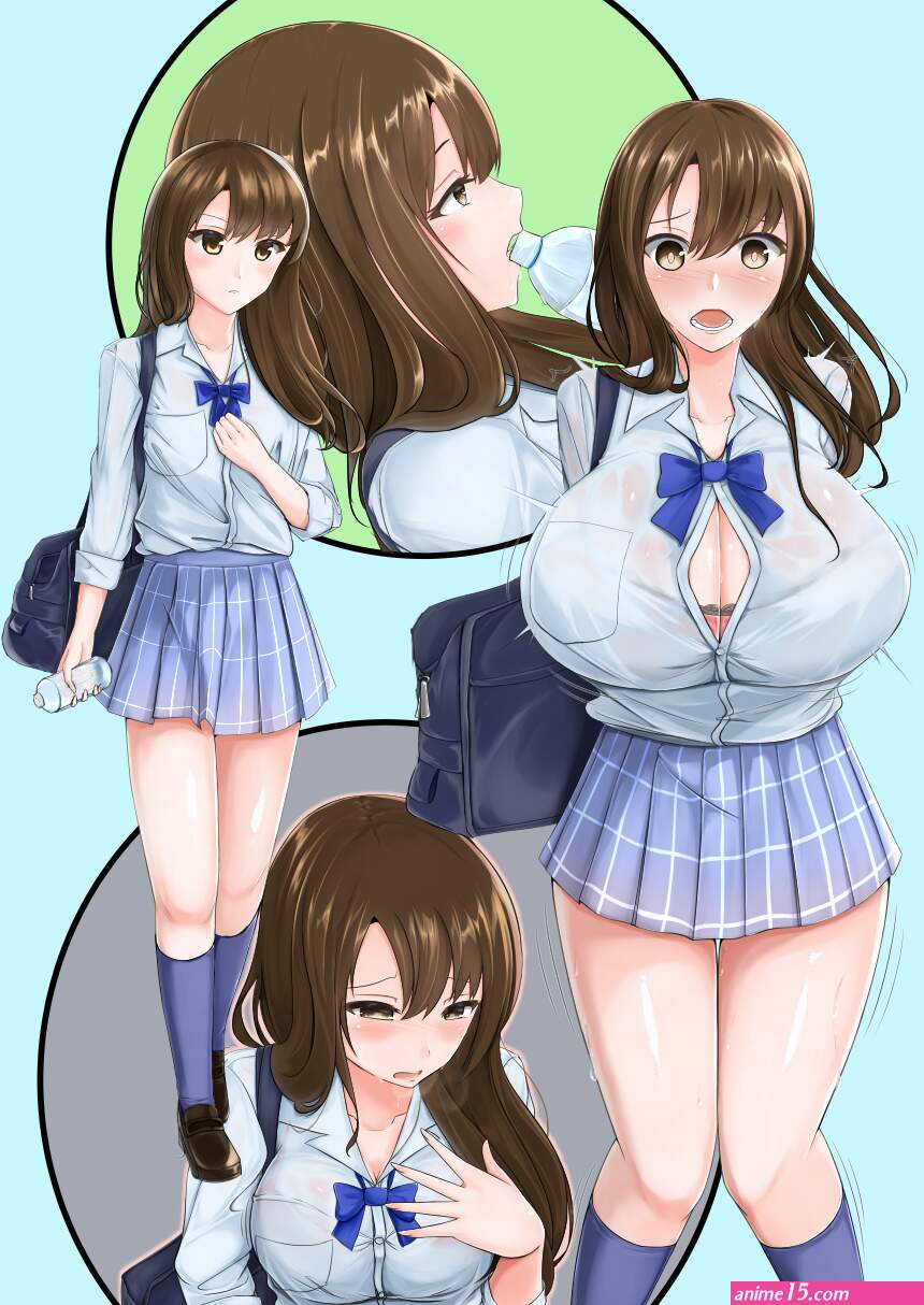 original highres 1girl blush bra bra peek breast expansion breasts brown eyes brown hair cleavage dress shirt drinking huge breasts kneehighs long hair medium breasts motion lines multiple views open mouth popped