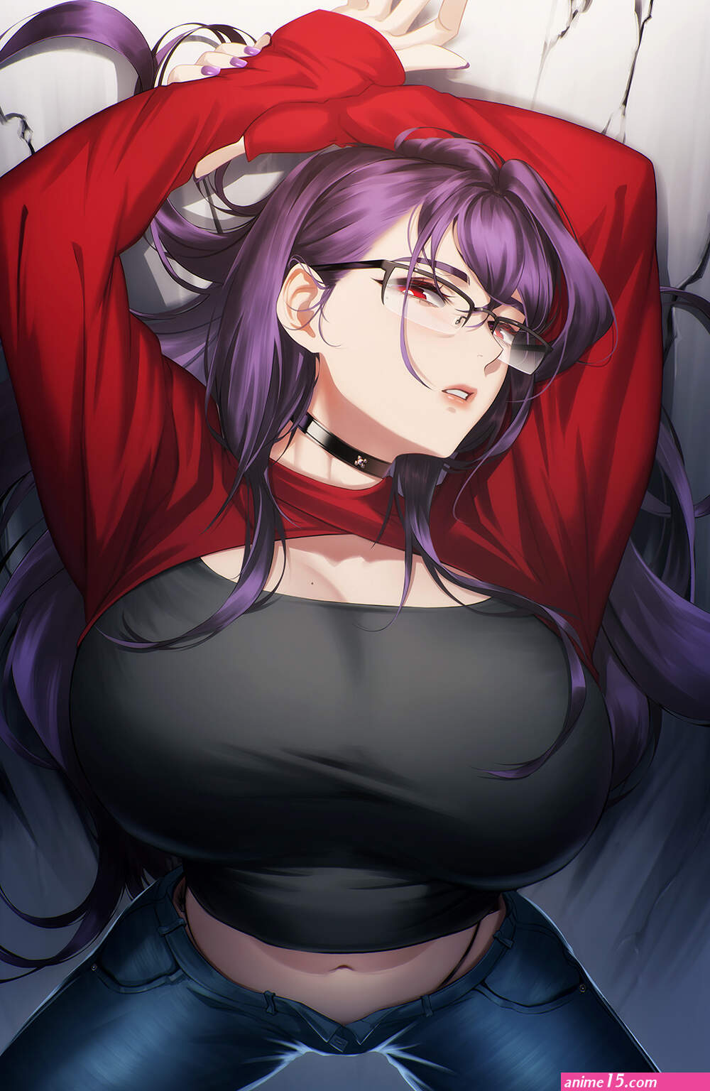 Wallpaper : anime girls choker glasses red eyes purple hair arms up vertical 1000x1536