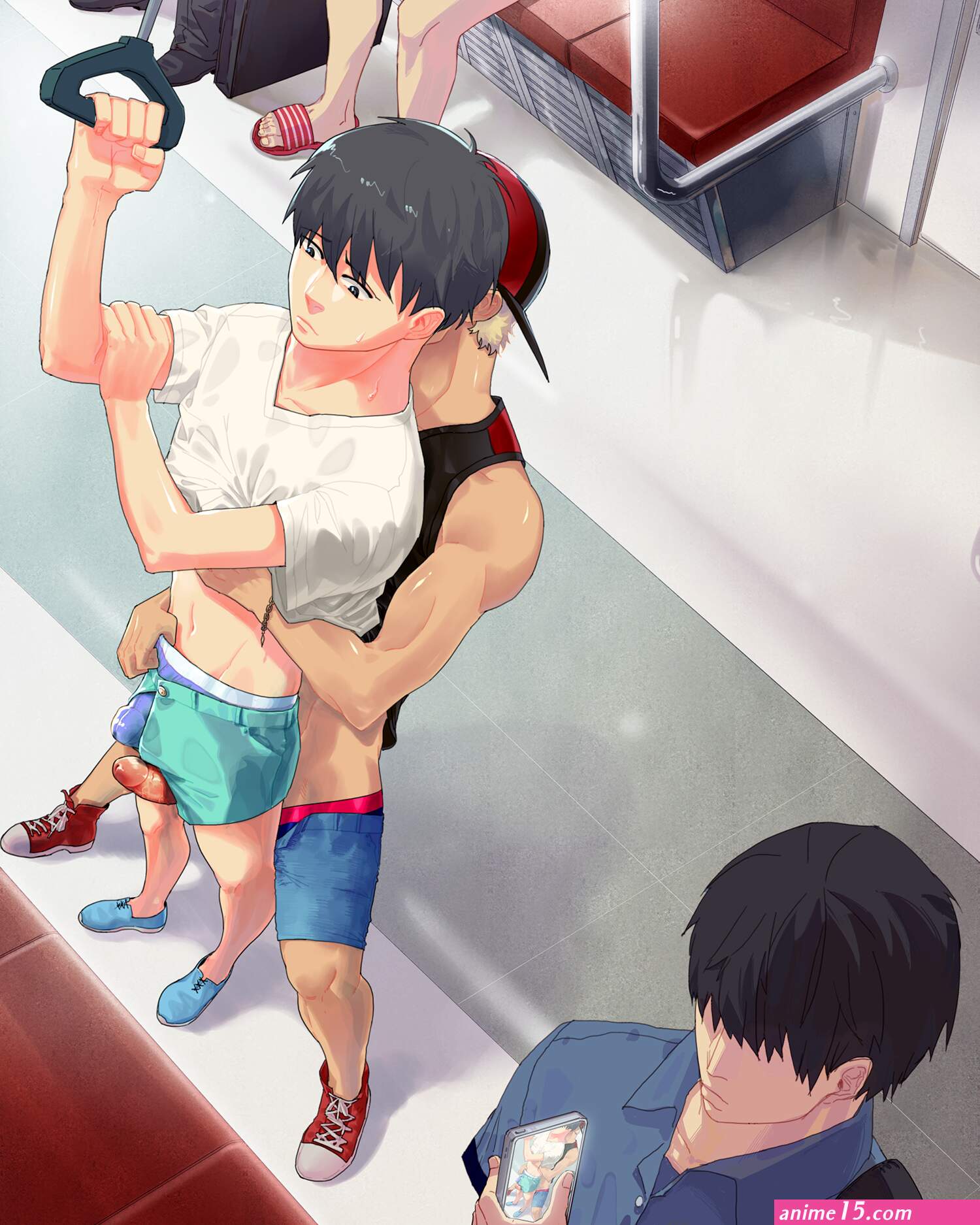 highres bulge erection erection under clothes frottage male focus multiple boys penis phone public indecency recording sweat train uncensored undressing yaoi