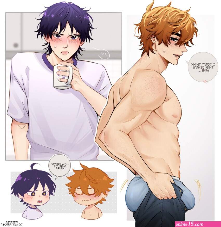 scaramouche genshin impact tartaglia genshin impact genshin impact highres 2boys blue eyes bouncing ass bouncing bulge bulge bulge lift cup dressing grey male underwear holding holding cup i039ve never seen