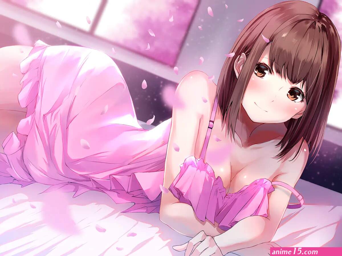 Anime girls brunette dress cleavage brown eyes blushing Playmat Game Mat Desk