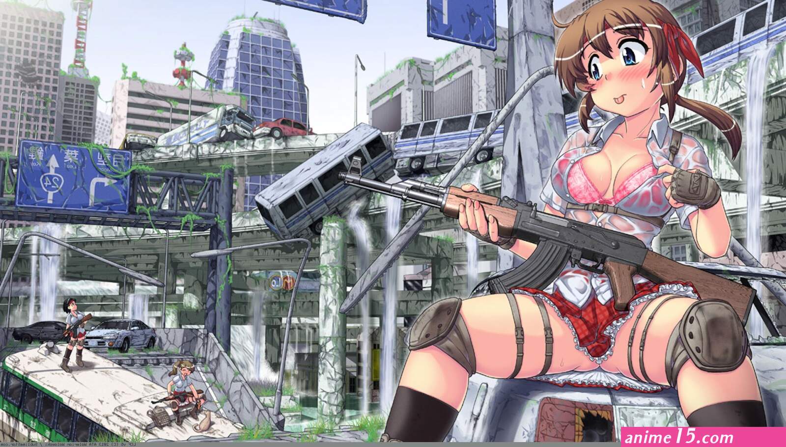 Pic. Wallpaper Anime 1920x1080 Shirt Weapon Hase Nopan Yuu Bra Underwear Gun Cleavage 422083B