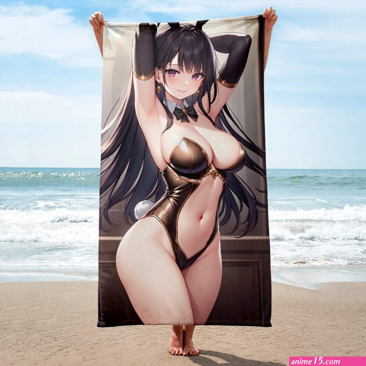 Anime Girl Beach Bath Towel Original Art Manga Sublimated Towels Hot Sexy Black