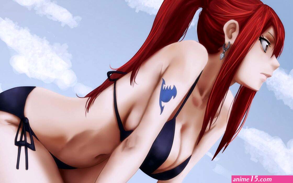 Sexy anime bikini azul pelirroja wallpaper