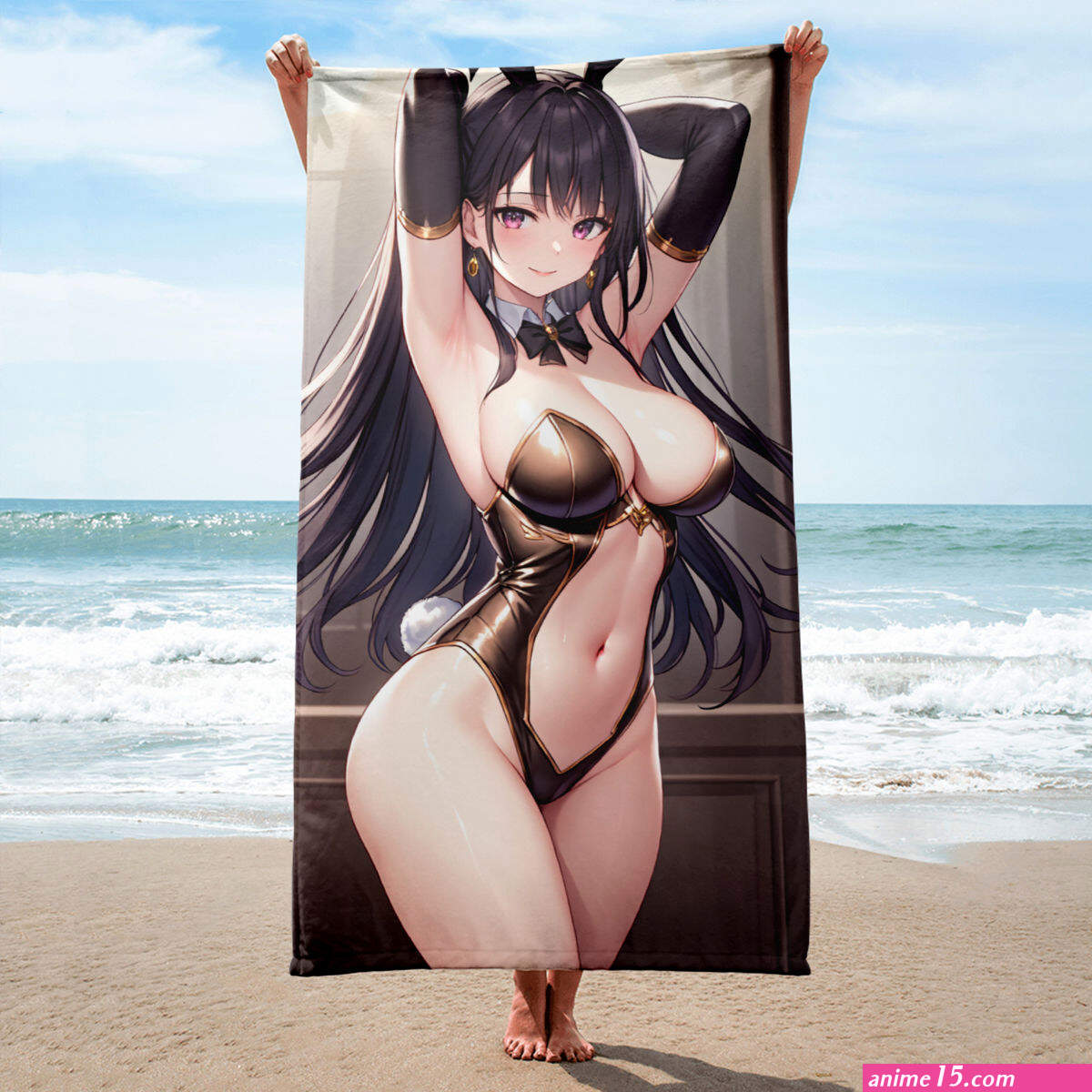 Anime Girl Beach Bath Towel Original Art Manga Sublimated Towels Hot Sexy Black