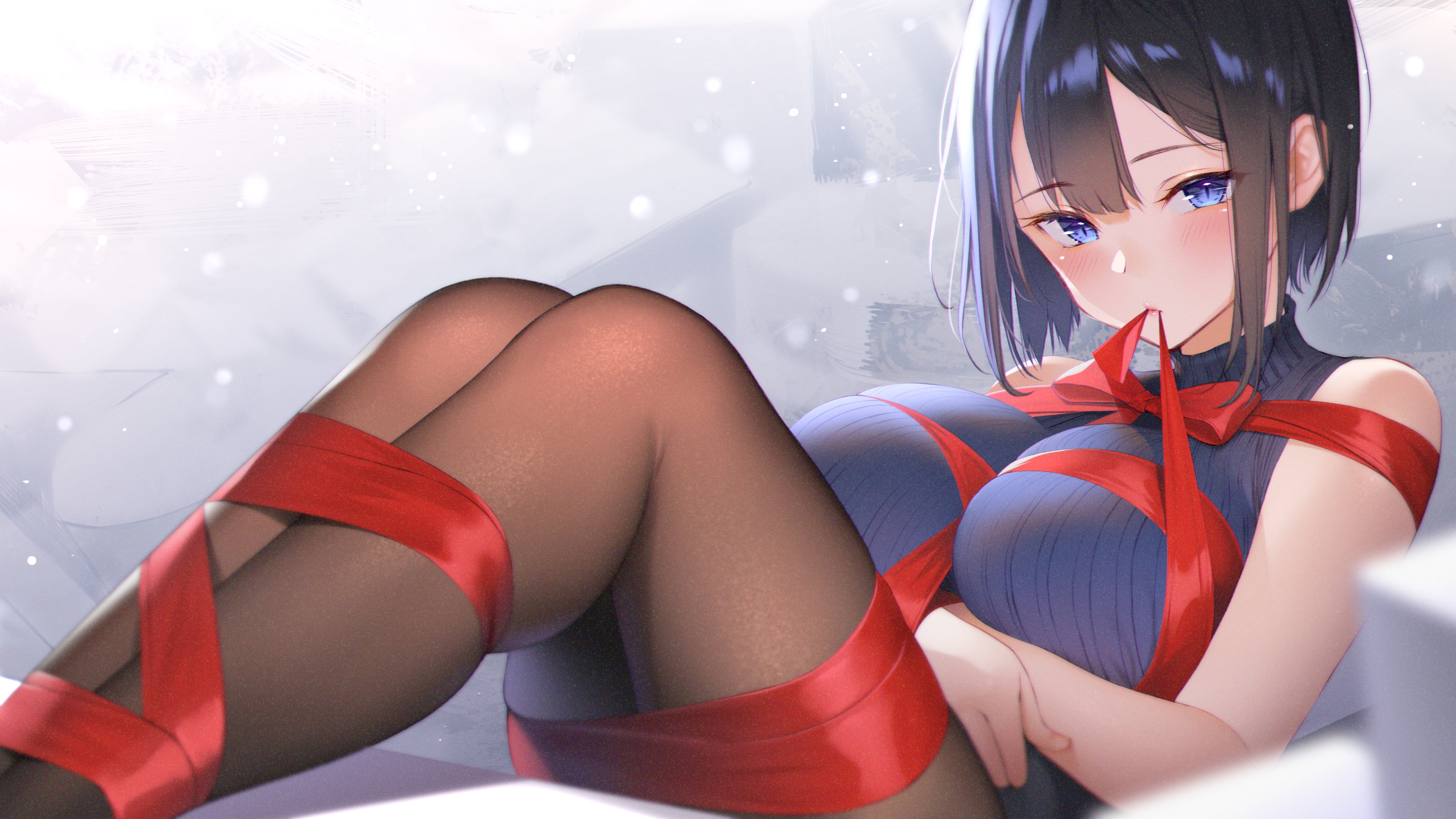 big boobs legs short hair anime girls dark hair 4K anime HD Wallpaper