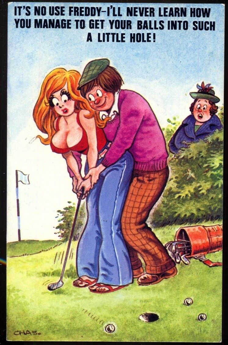 Risque Comic Postcard: Golfer Teaching the Rudiments. Big Boobs. Innuendo
