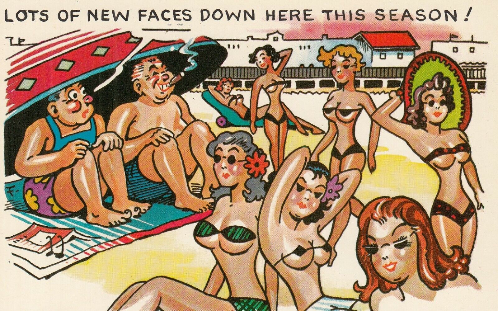 Sexist Man Comic postcard Sexy Lady cartoon on Beach Big Boobs