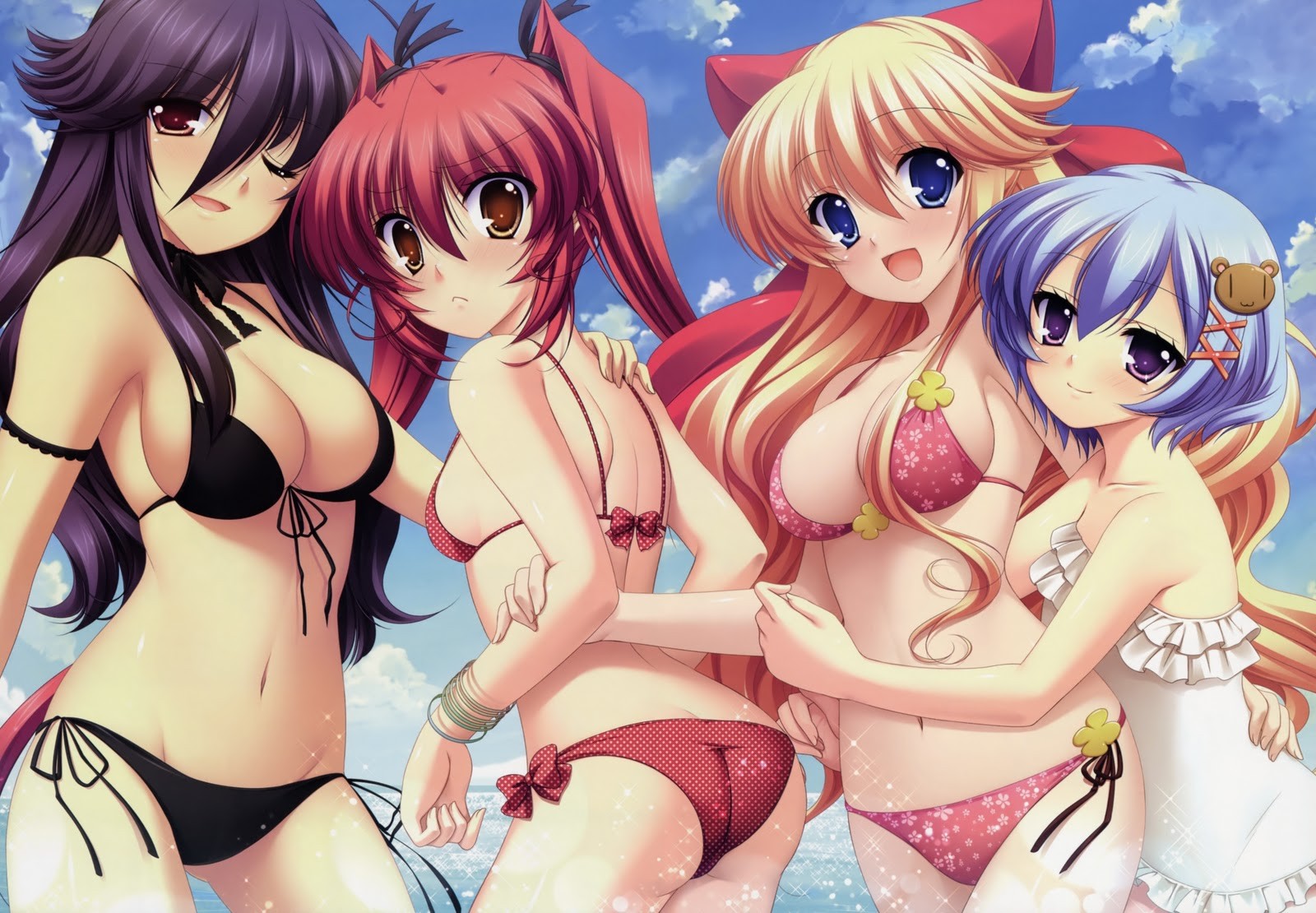 ass big boobs blonde redhead blue hair purple hair Mitsumomo Mamu group of women anime girls anime bikini boobs