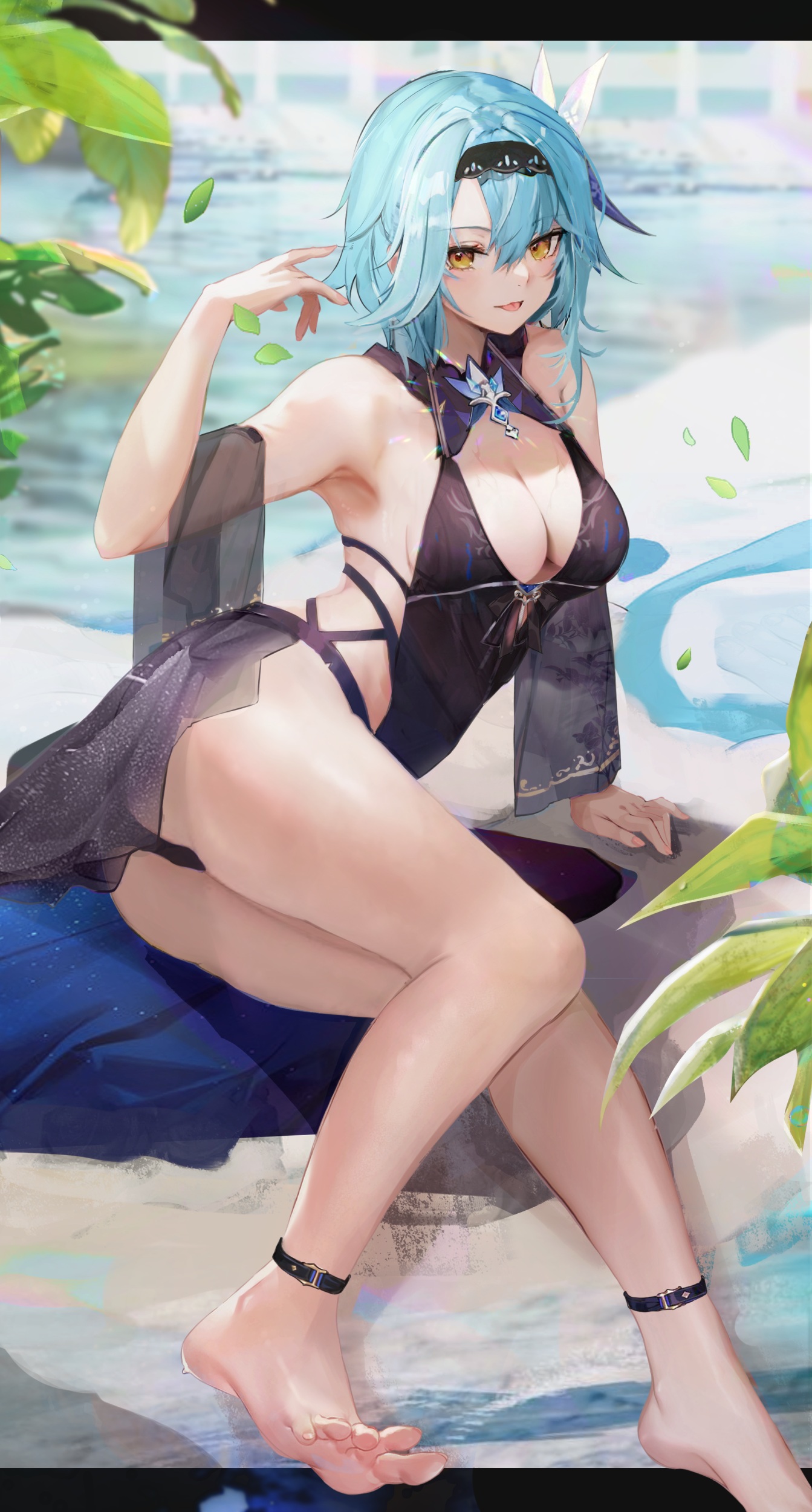 cleavage ass big boobs blue hair feet anime anime girls Eula Genshin Impact Genshin Impact dress yellow eyes