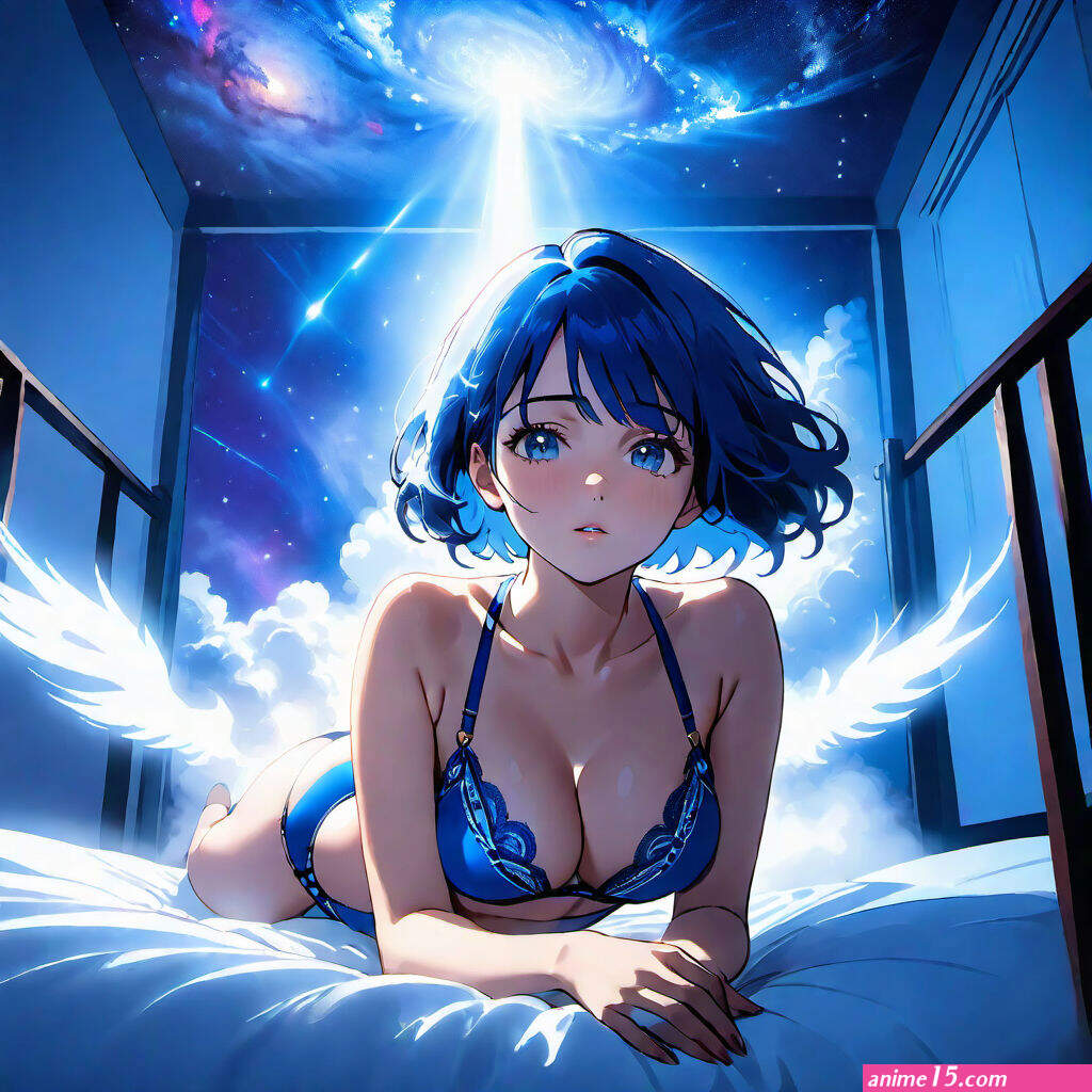 Sexy anime girl laying in bed in bikini and with Big boobs