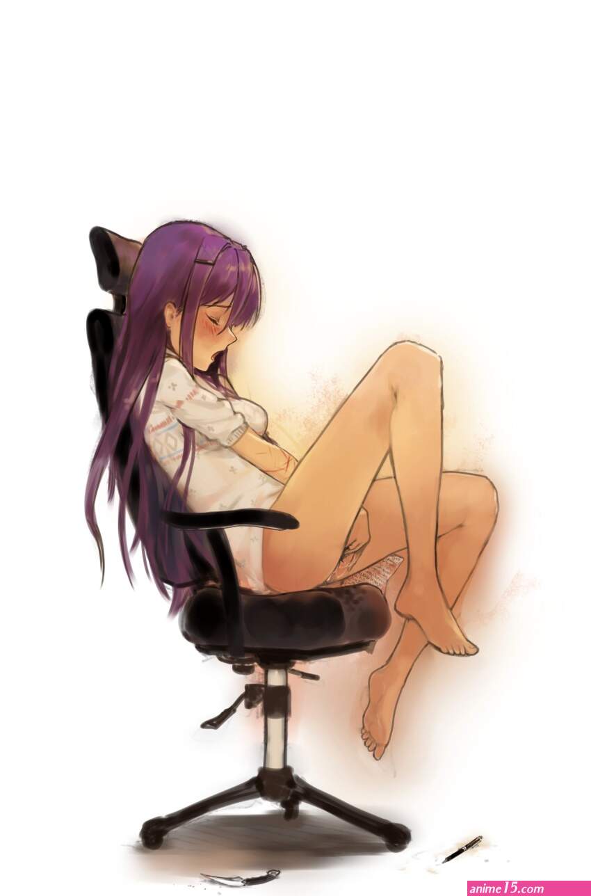 shina be dulgi yuri doki doki literature club doki doki literature club absurdres bad id bad pixiv id highres 1girl blood blush bottomless chair closed eyes feet female masturbation female pubic hair