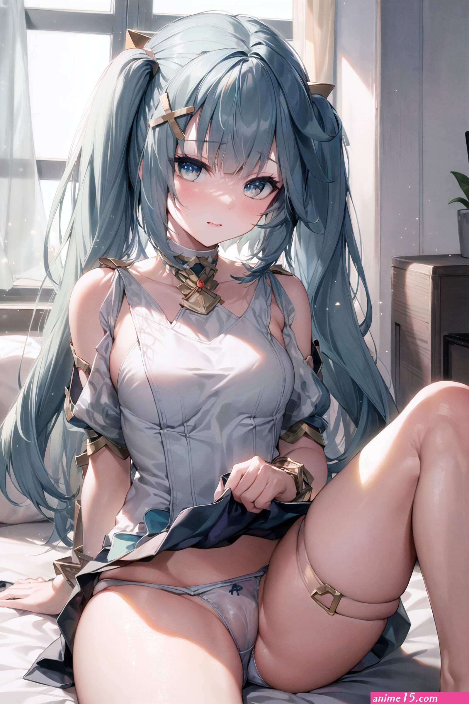 lifting skirt long hair cameltoe looking at viewer sitting see-through clothing AI art anime girls panties skirt blushing twintails window portrait display Faruzan Genshin Impact Genshin Impact digital art