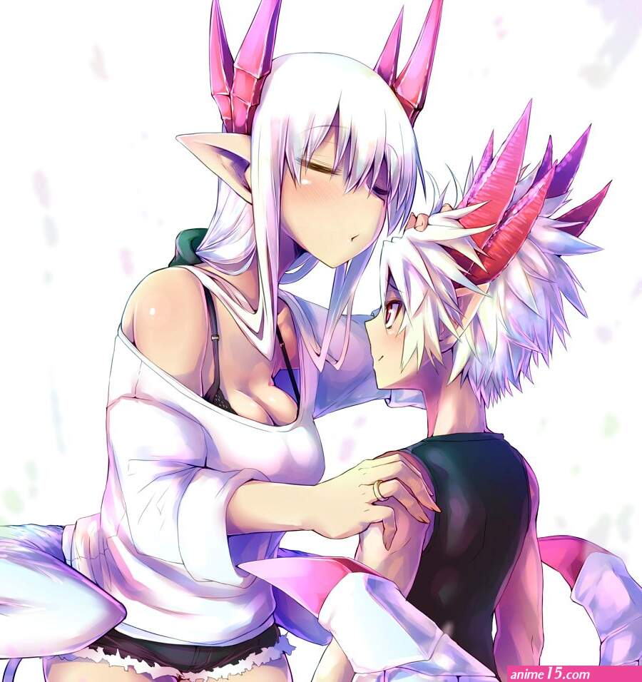 zyugoya gospel mazohaha lorem mazohaha musuko ga kawaikute shikatanai mazoku no hahaoya 1boy 1girl aged up black shirt breasts demon wings feathered wings horns large breasts mother and son pointy ears red