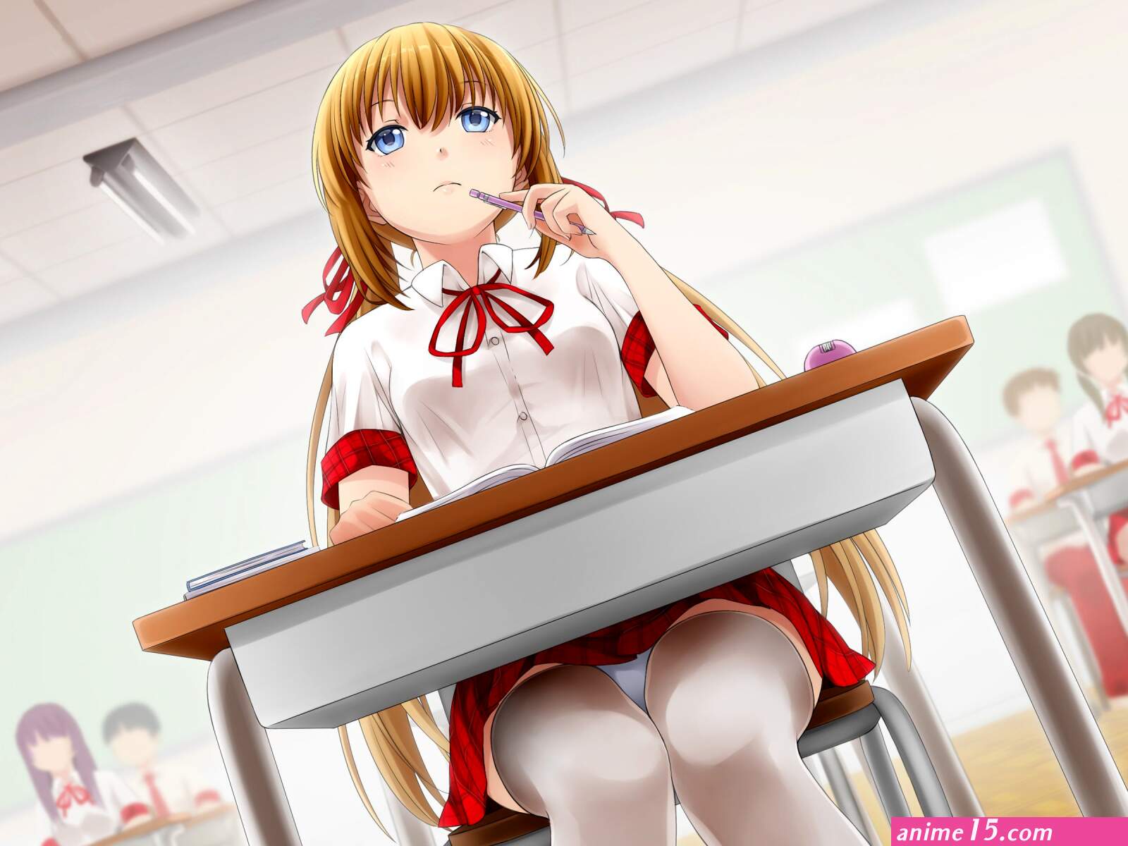 RandomBoard X: wallpaper sitting anime girls anime panties school uniform skirt table Hunie Pop upskirt