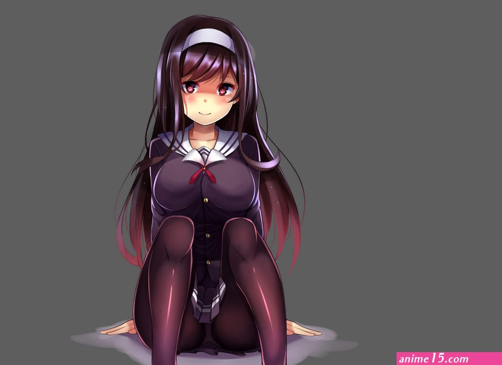 legs long hair dark hair sitting Syow big boobs looking at viewer anime girls anime pantyhose panties school uniform Kasumigaoka Utaha Saenai Heroine no Sodatekata boobs gray background