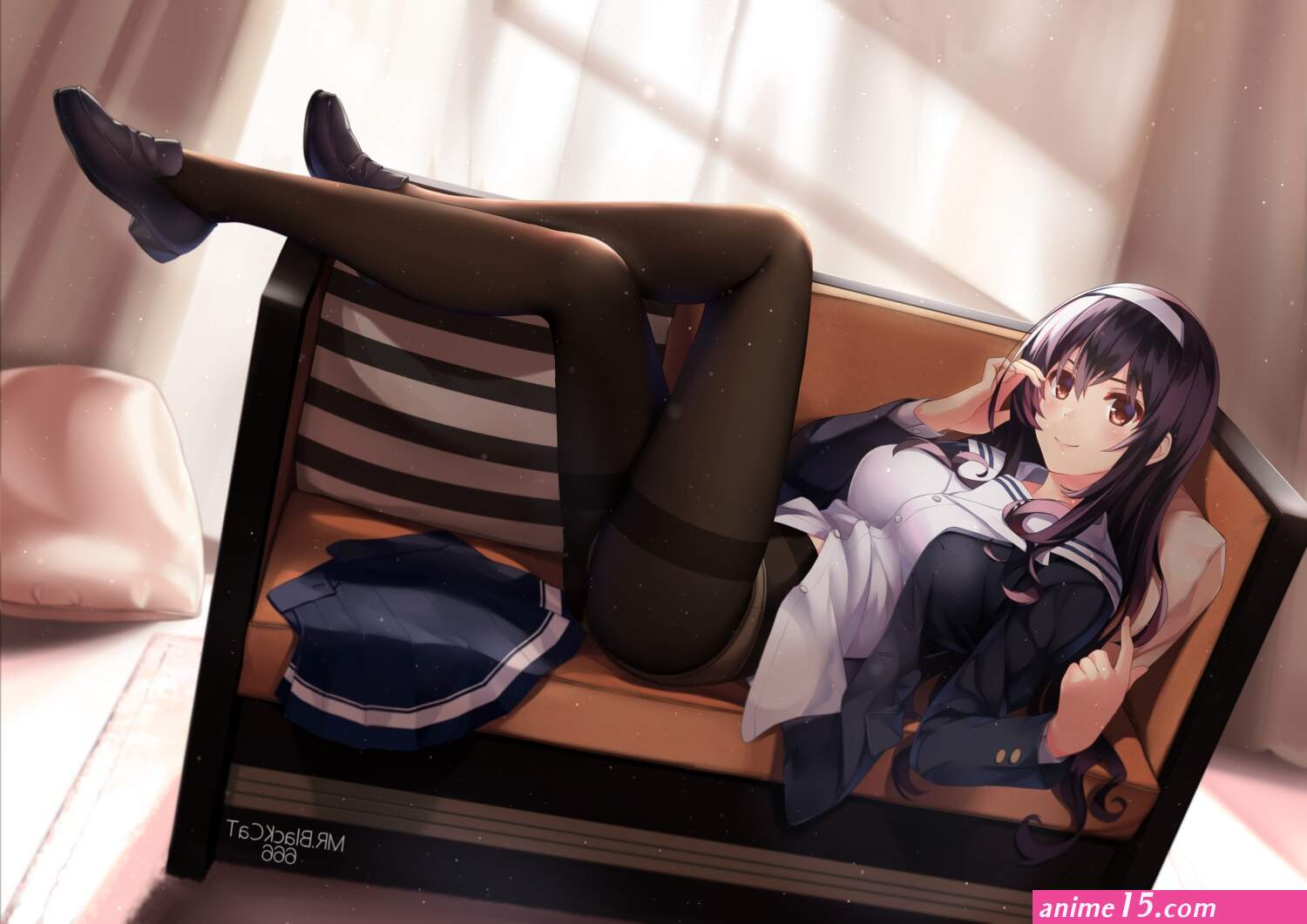 black hair brown eyes couch headband kasumigaoka utaha long hair mr blackcat panties pantyhose saenai heroine no sodatekata school uniform skirt underwear watermark
