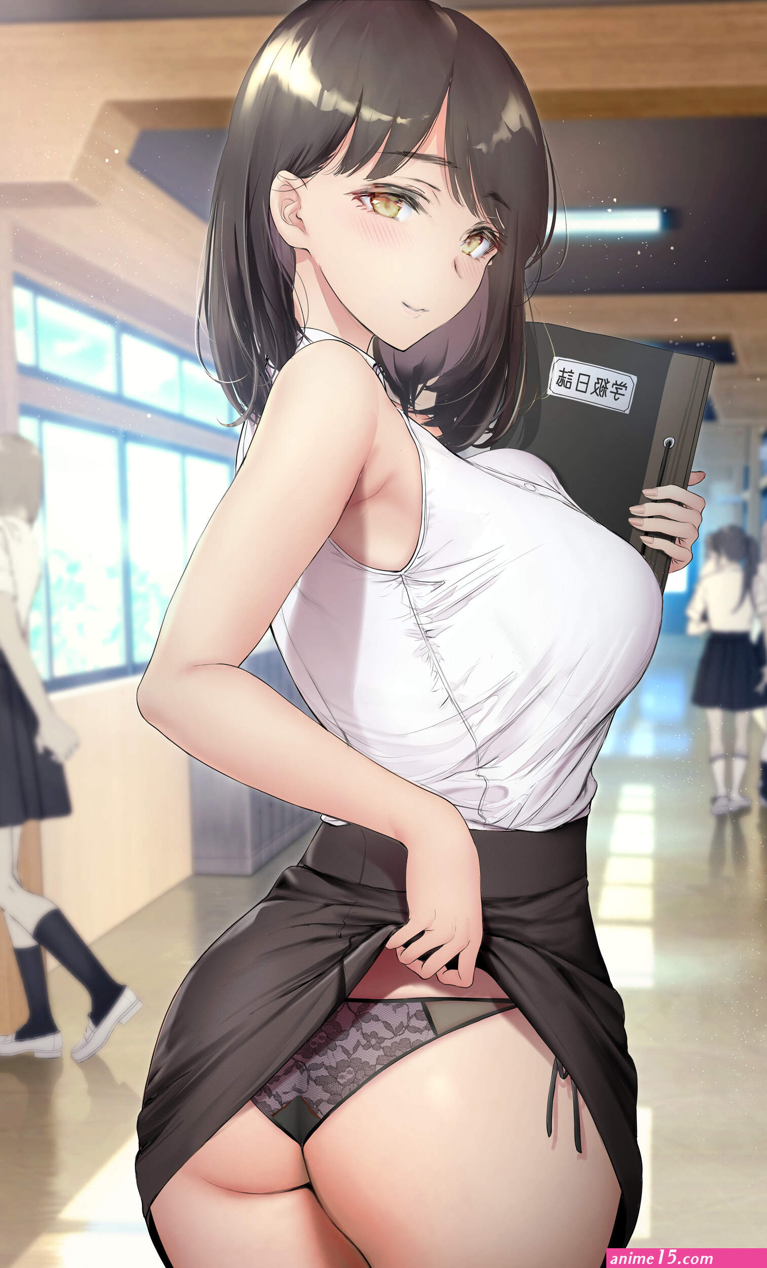 ass lifting skirt armpits Gentsuki looking at viewer anime anime girls digital art artwork 2D portrait display flashing black skirts black panties panties black hair yellow eyes teachers school thick ass