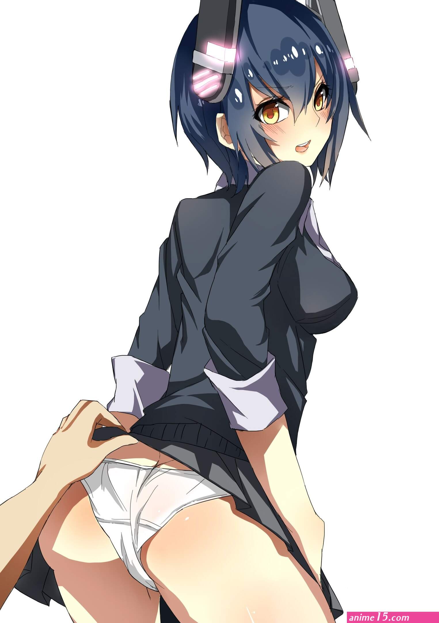 lifting skirt short hair ass anime Tenryuu KanColle Kantai Collection panties white panties rear view white background simple background underwear