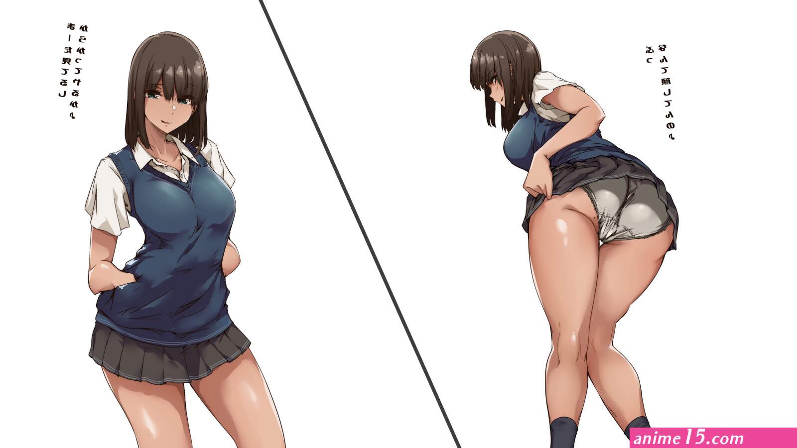 schoolgirl thighs lifting skirt ass looking at viewer bent over Tokiwa Midori kyokutou funamushi hands in pockets anime anime girls minimalism simple background white background ecchi school uniform miniskirt upskirt pleated skirt