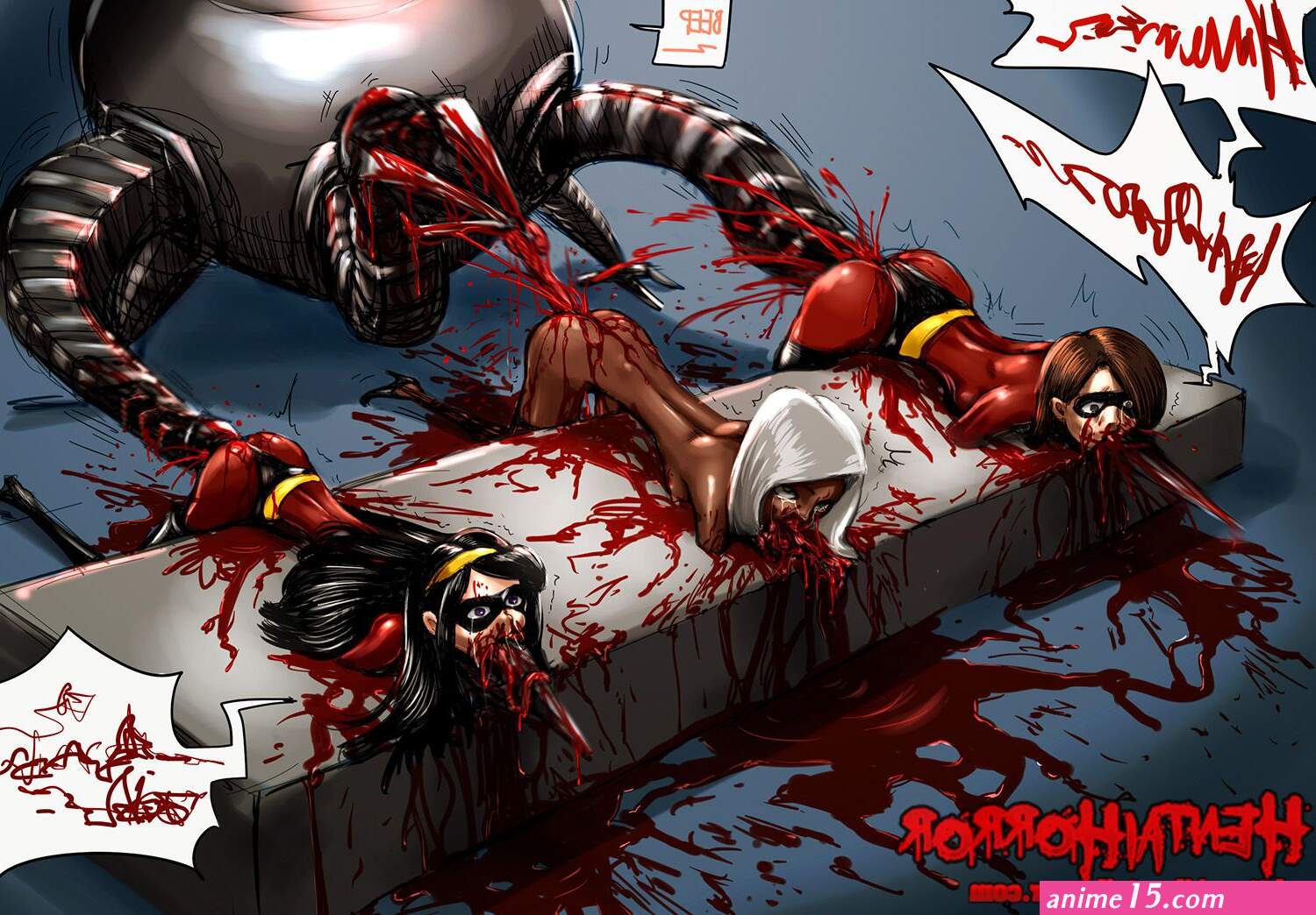 NSFW uncensored gore hentai cartoon porn art of Helen Parr Violet Parr and Mirage raped to death by Omnidroid.
