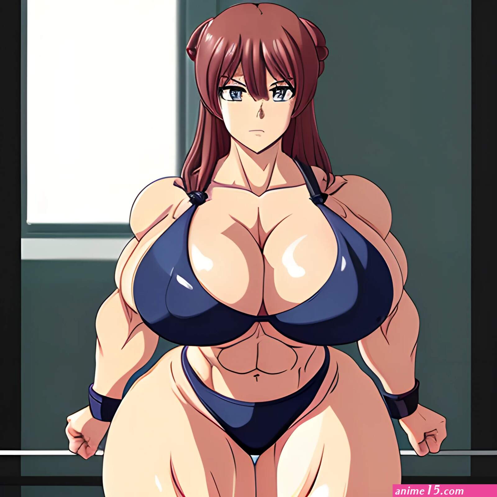 A big muscular woman with big breasts a pretty face and very low...