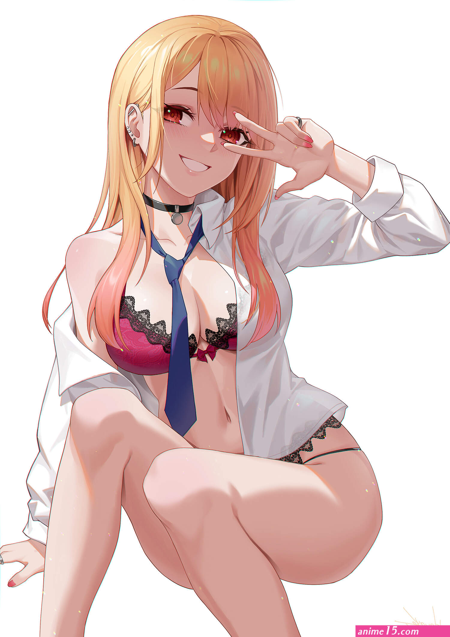 looking at viewer blonde red eyes highlights arms up belly belly button a