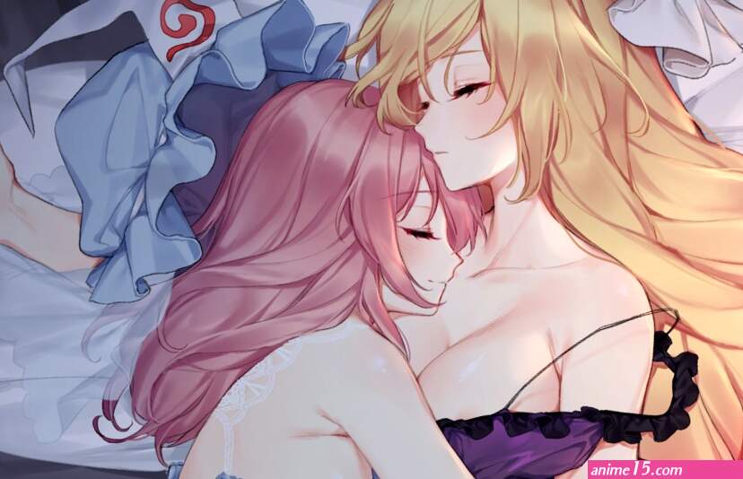 2girls bed blonde hair bra breasts cleavage hajin hug long hair pink hair saigyouji yuyuko shoujo ai signed sleeping touhou underwear yakumo yukari