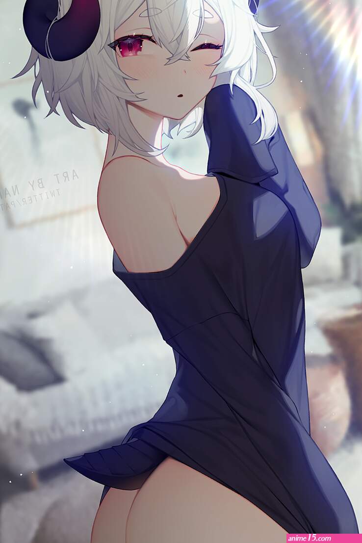 ass white hair red eyes Nanoless demon girls hair between eyes standing looking at viewer short hair open mouth one bare shoulder anime anime girls horns artwork bottomless nopan portrait display watermarked
