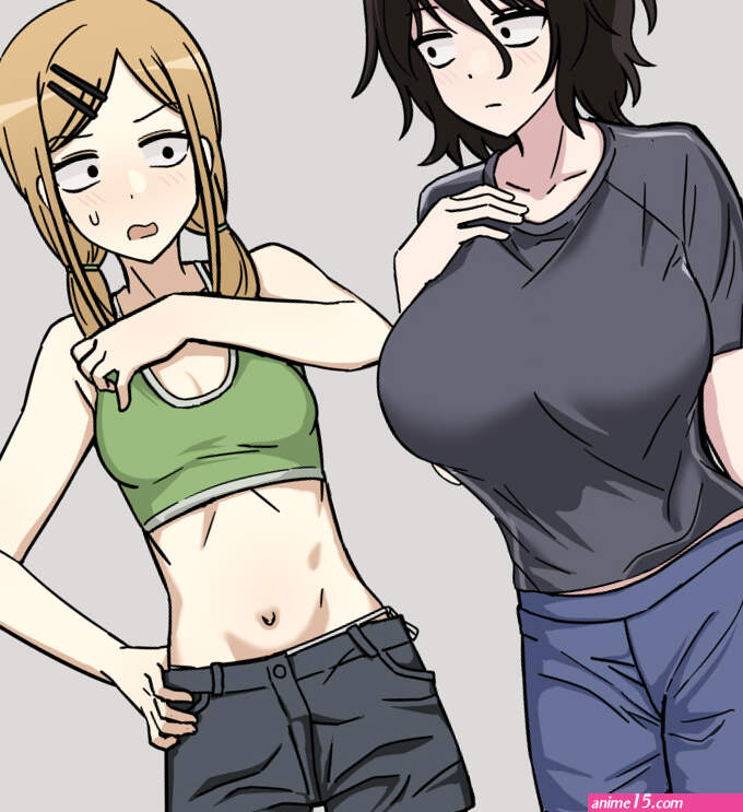 nankyoku gfey8832 asai akira endou saya dagashi kashi yofukashi no uta absurdres commentary highres 2girls black hair blonde hair breast envy breasts creator connection crossover hair ornament hairclip large breasts messy hair