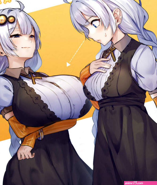 tenneko yuuri kizuna akari voiceroid adversarial noise highres 2girls ahoge arm warmers arms under breasts bangle black dress blue eyes bracelet braid breast envy breasts closed mouth dress dual persona grey hair
