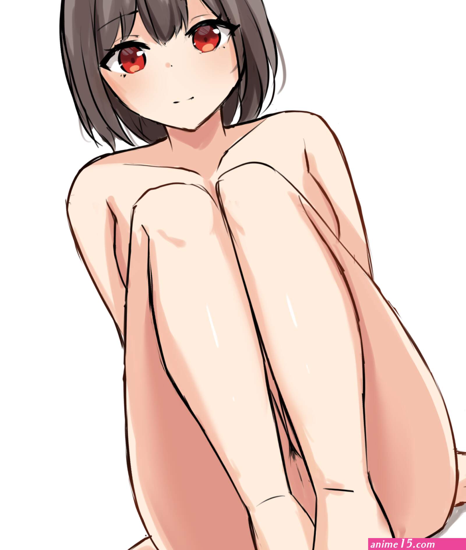 original highres 1girl casual nudity completely nude nude pussy pussy peek red eyes short hair smile