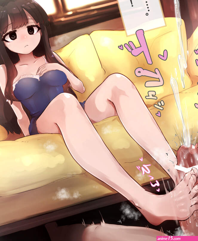 absurdres highres 1girl barefoot brown eyes brown hair couch cum ejaculation feet footjob hand on own chest long hair sitting steam toes