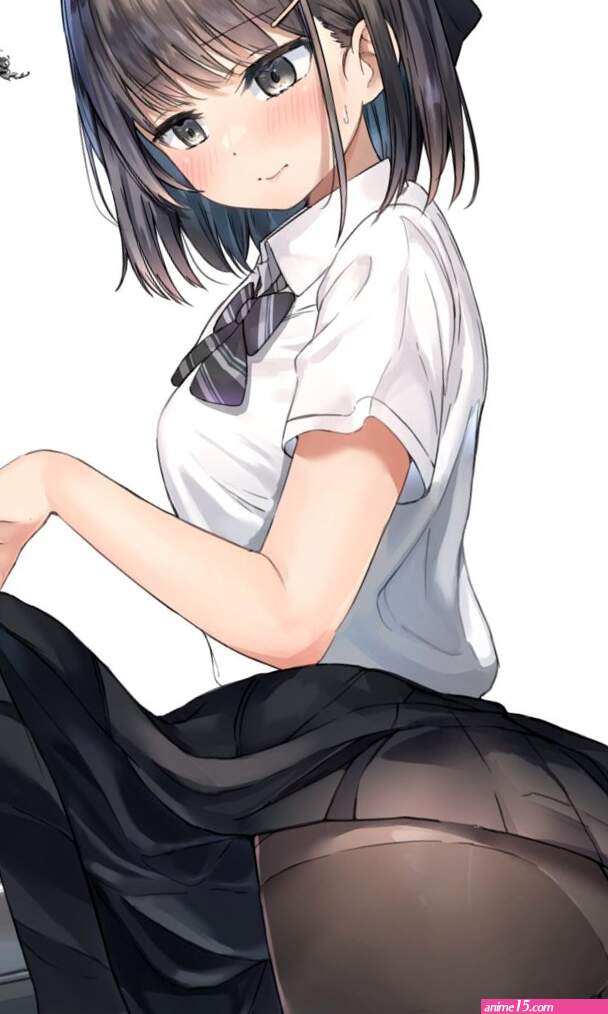 ranf original highres 1girl black skirt blouse clothes lift desk half updo looking down panties panties under pantyhose pantyhose school desk school uniform shirt short hair skirt skirt lift solo standing torn
