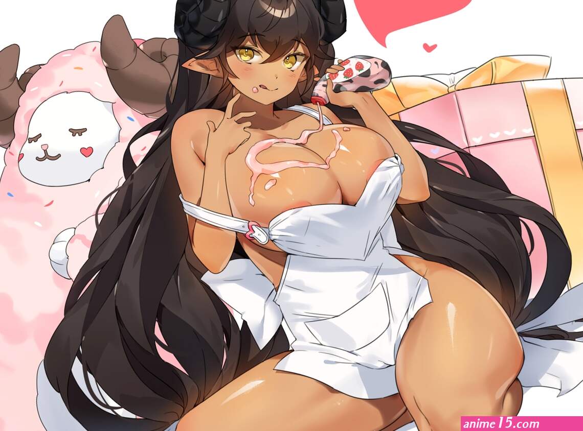 animal apron black hair blush breasts cameltoe candy dark skin gogoco horns long hair naked apron no bra original pointed ears sheep tan lines yellow eyes