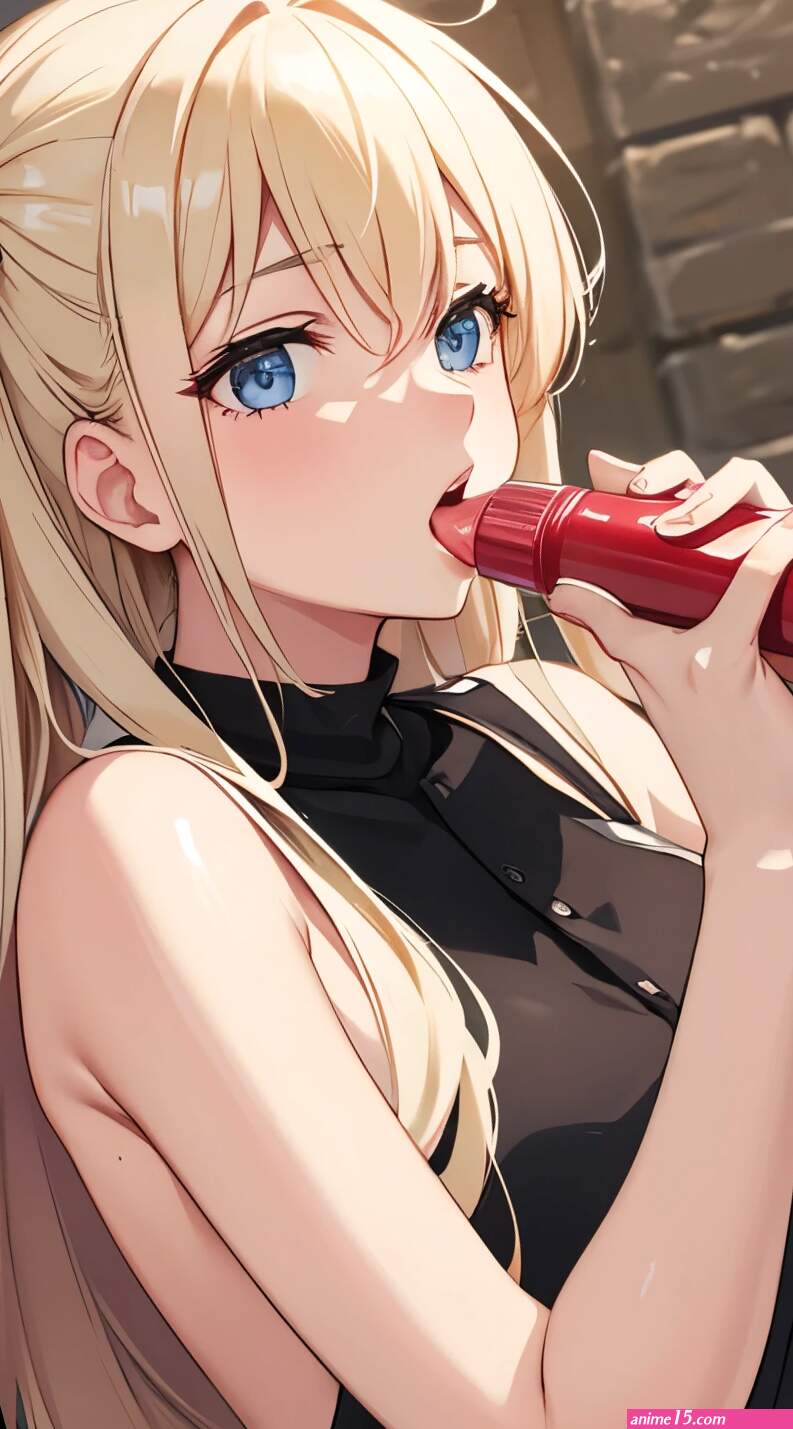 Anime girl drinking a red drink from a bottle