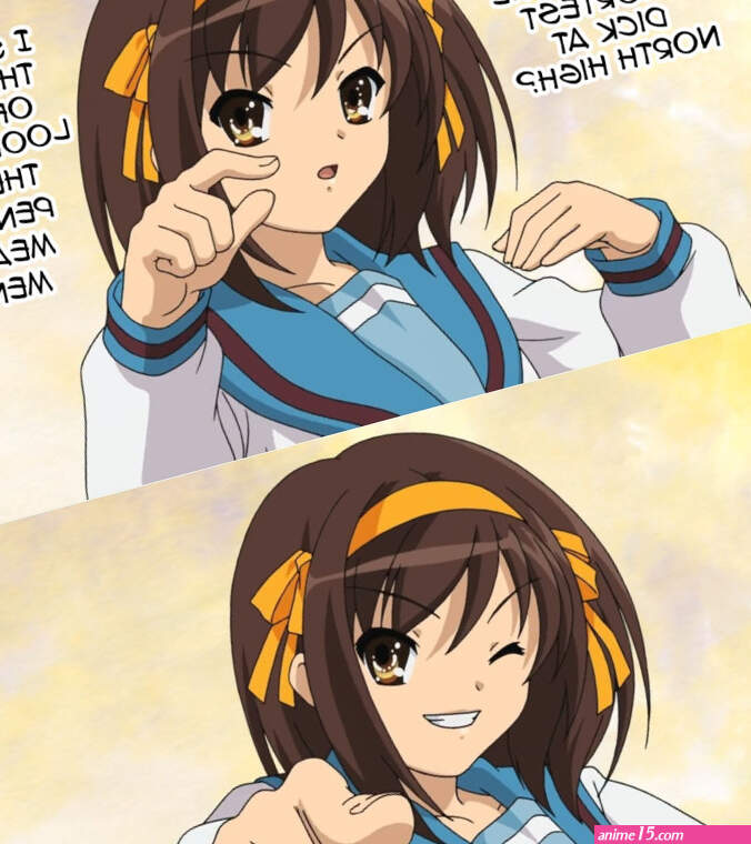suzumiya haruhi suzumiya haruhi no yuuutsu highres 1girl brown hair caption femdom hair ribbon humiliation one eye closed pointing ribbon school uniform serafuku small penis humiliation wink