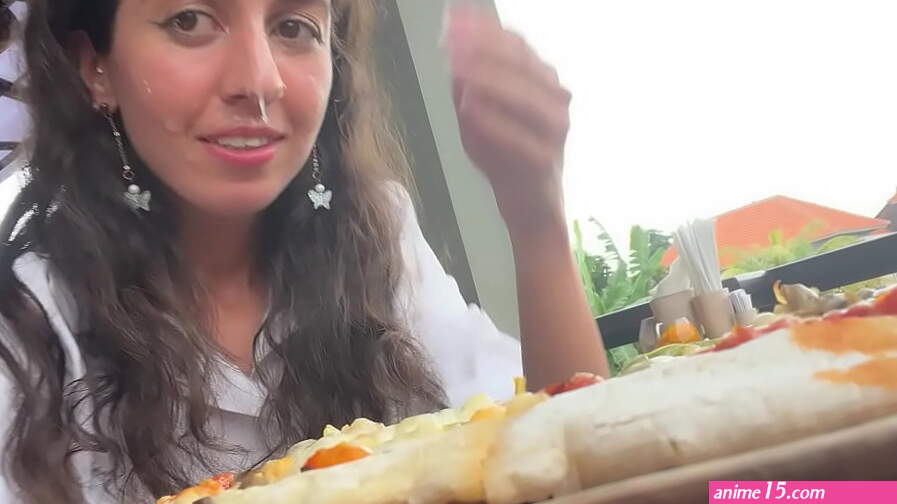 Walking with cum on face in cafe