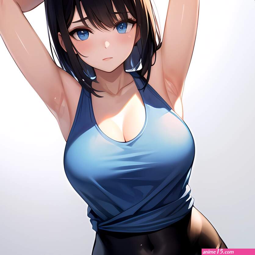 1girl Solo Tank Top Leggings Blue Eyes Standing Fully Clothed Pov Simple Background Arms Behind Head 3635321467