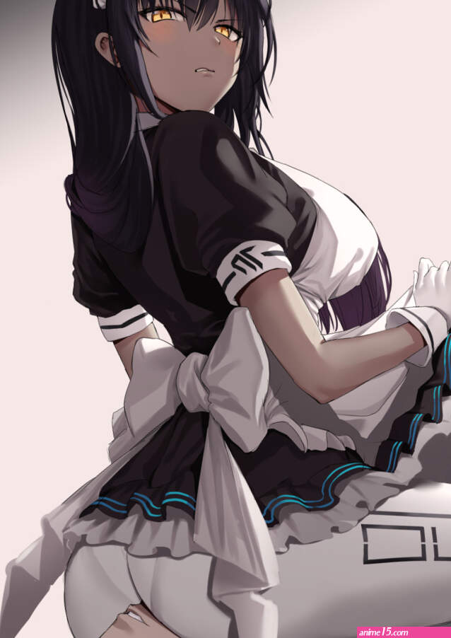 rororo karin blue archive blue archive highres 1boy 1girl apron ass black hair blush breasts clothes lift dark-skinned female dark skin gloves hetero large breasts lifting own clothes long hair maid maid