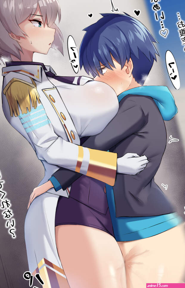 tsukunendo asanaka yomogi mujina gridman universe ssss.dynazenon holding person purple neckwear silver hair absurdres highres translated 1boy 1girl blue hair blue hoodie blue sky blush bottomless breasts collared shirt...