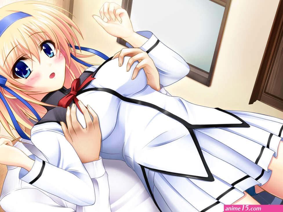 blonde hair blue eyes breast grab ribbons school uniform thighhighs