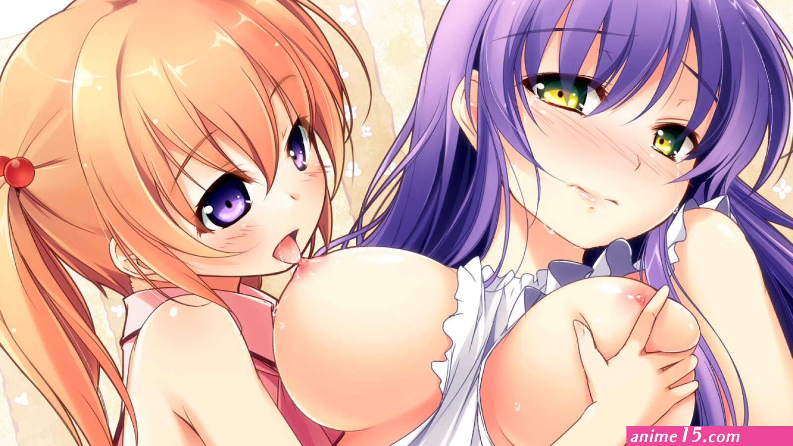 2girls apron blonde hair blush breast grab breasts kazakura nipples purple eyes purple hair tagme tears yellow eyes yuri