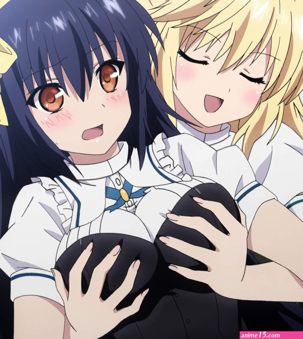 lilith bristol tachibana tomoe absolute duo 8-bit company absolute duo screencap highres 10s 2girls blonde hair blue hair blush breasts closed eyes grabbing another039s breast groping hair ornament hair ribbon indoors large