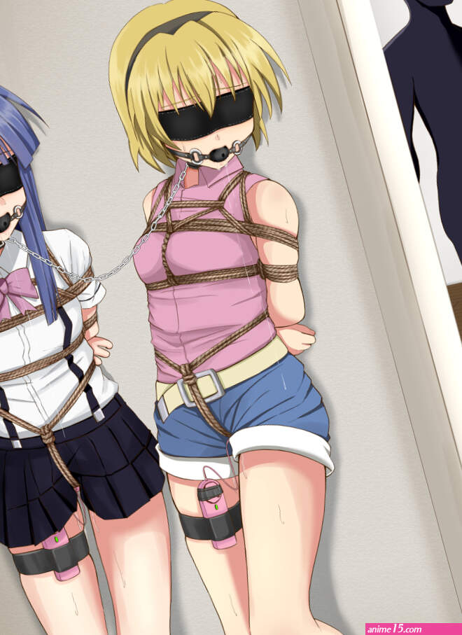 femuto furude rika houjou satoko higurashi no naku koro ni white legwear highres 2girls arms behind back ball gag blindfold blonde hair blue hair blue skirt blush bound chain gag hairband leashed