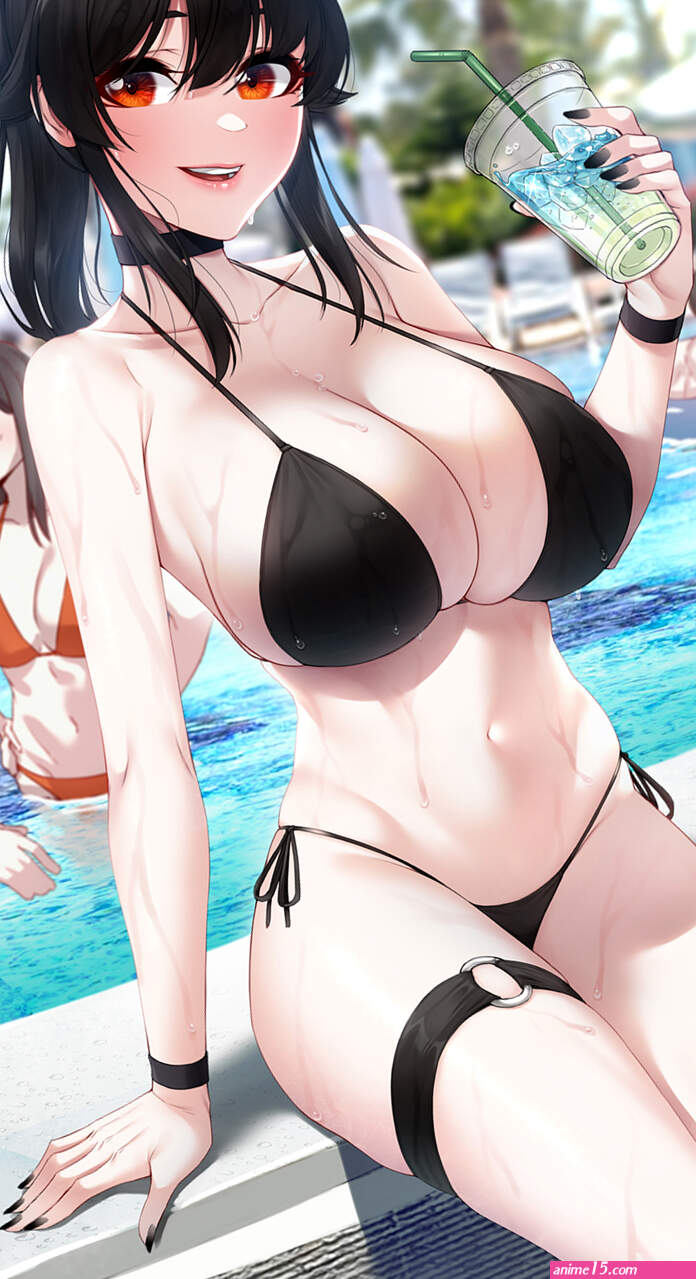 big boobs red eyes huge breasts cleavage Akchu anime anime girls bikini drink water swimming pool black bikinis artwork