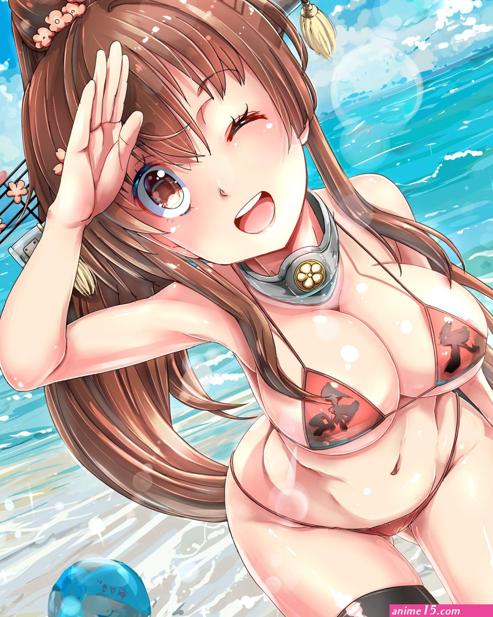 Wallpaper : illustration sea long hair anime girls water big boobs cartoon Kantai Collection black hair cleavage bikini open shirt swimwear Yamato KanColle clothing underboob mangaka 2000x2500