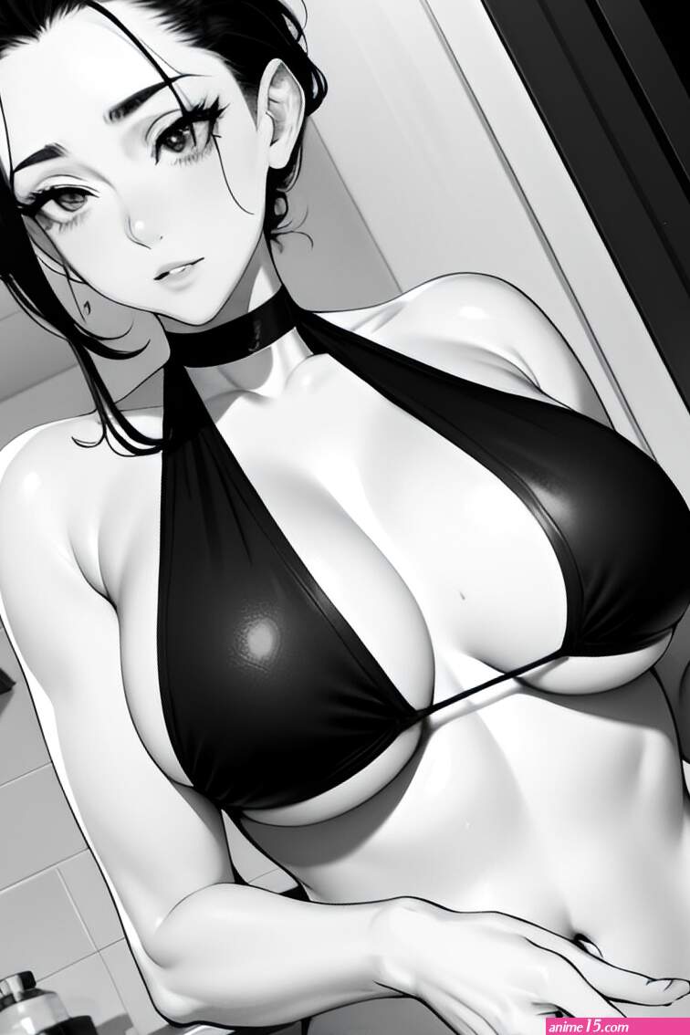 Anime Skinny Huge Boobs 60s Age Seductive Face Ginger Slicked Hair Style Light Skin Black And White Bathroom Close Up View Cooking Bikini 3690550296151061020