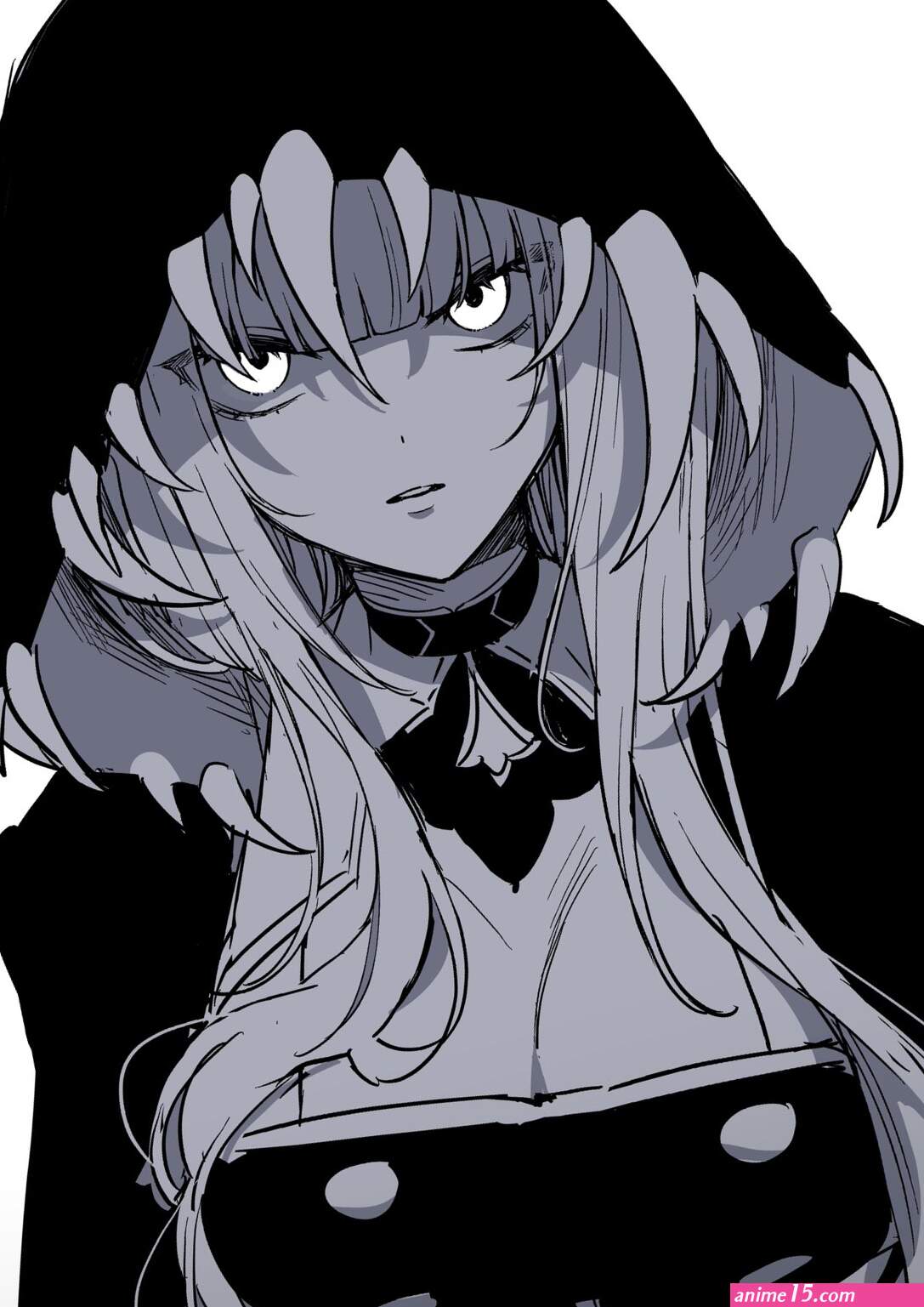 aneco westsea1227 mori calliope mori calliope 1st costume hololive hololive english highres 1girl angry black cape black dress blunt bangs breasts cape cleavage dress hood hood up large breasts long hair looking