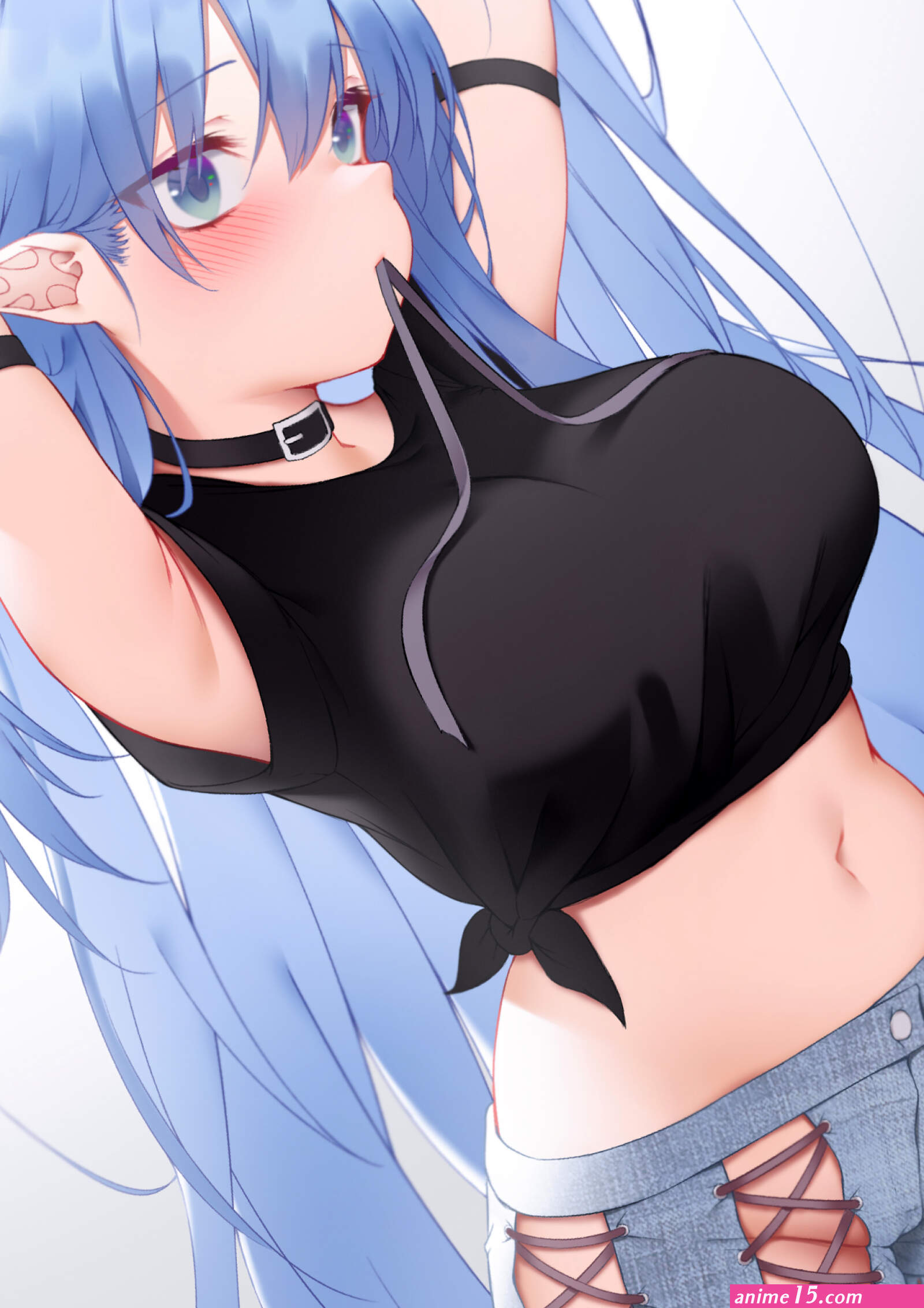 big boobs blue hair blue eyes bare midriff Zhaofeng Yinyue anime anime girls digital art artwork 2D portrait display pointy ears nopan